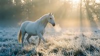 White horse walking through frost-covered meadow at sunrise with misty forest backdrop. Equine wildlife and nature photography for editorial and commercial use.