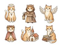 Cute cats wearing religious and fantasy costumes including angel, nun, saint with halo, and monk outfits. Isolated clipart set on transparent background for design projects.