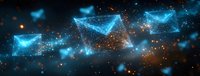 Glowing blue digital mail envelopes floating in dark space with sparkles and particles, representing electronic communication and message delivery network.