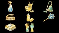Cleaning tools clipart set isolated on transparent background, featuring spray bottle, mop bucket, vacuum, brush, sponge, gloves, duster, towels for t-shirt and print on demand.