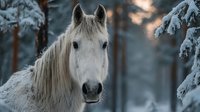 White horse with flowing mane in snowy winter forest at dusk, creating magical atmosphere for nature and wildlife photography.