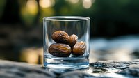 Whole walnuts in clear glass tumbler on wooden surface with warm bokeh background for healthy snacking and natural nutrition concepts.