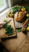 Fresh herbs being chopped on wooden cutting board with artisan bread, heirloom tomatoes and vegetables in rustic kitchen setting for cooking preparation.