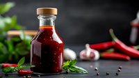 Spicy red hot sauce in glass bottle with chili peppers, garlic and fresh herbs on dark background. Food photography for restaurant menu and packaging.