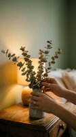 Woman hands arranging eucalyptus branches in glass vase on wooden table with warm candlelight creating cozy home atmosphere for interior decoration.
