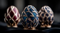 Luxurious decorative eggs with metallic lattice pattern and gemstone colors in blue and burgundy, displayed on dark surface with soft lighting and shallow depth of field.