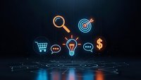 Business strategy concept with glowing neon icons including magnifying glass, target, shopping cart, lightbulb and dollar sign on dark digital background.