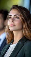 Young professional woman with brown hair looking up thoughtfully in modern office environment wearing green blazer for business and career concepts.