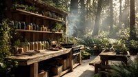 Rustic outdoor kitchen with wooden shelves of preserved foods in misty forest setting, sunlight filtering through trees.