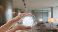 Hands protecting glowing sphere with recycling symbol in modern office interior representing environmental protection and sustainability concepts.