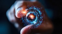 Glowing blue spiral energy vortex floating between fingers against dark background, magical light particles and mystical portal effect for fantasy concepts.