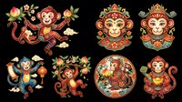 Colorful Chinese zodiac monkey set in traditional folk art style, isolated on transparent background, ready for stickers, T-shirt design, clipart, and print on demand use.