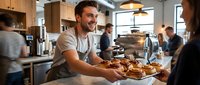 Male barista with dark hair and beard serving freshly baked pastries at counter in busy cafe with customers and modern interior design.