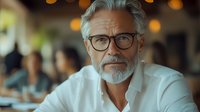 Confident mature businessman with gray hair and beard wearing glasses in casual white shirt, sitting in modern office or restaurant with blurred background.