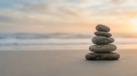 Zen stone stack on peaceful beach at sunset with soft waves and golden sky creating serene meditation atmosphere for wellness and mindfulness practices.