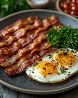 Crispy bacon strips and sunny-side up fried eggs with fresh parsley on dark plate. Traditional breakfast meal with golden yolks and herbs garnish.