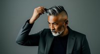 Mature man with gray beard and slicked-back hair wearing black blazer and shirt, touching his hair against neutral gray background. Suitable for business, fashion, grooming and lifestyle content.