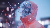 Mysterious figure in coral hoodie with translucent crystal head surrounded by glowing particles and bokeh effects against blurred urban background. Digital art concept.