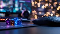 Colorful translucent gaming dice and computer mouse on dark surface with blurred bokeh lights background, creating atmospheric mood for online gaming setup.