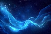 Glowing blue waves of light flow through starry night sky, creating magical ethereal effect against dark space background with sparkling stars and cosmic energy.