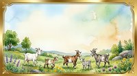 Herd of goats grazing in pastoral meadow with wildflowers, rolling hills and golden frame border, suitable for farm, agriculture and countryside design projects.