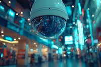 Security surveillance dome camera in shopping mall with neon blue lights and bokeh reflections creating futuristic cyberpunk atmosphere at night.