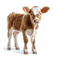Young brown and white calf standing on white background, looking at camera with curious expression. Isolated farm animal for agricultural and veterinary designs.