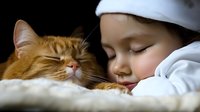 Young child in white winter hat sleeping peacefully next to ginger cat on soft white blanket, both with closed eyes in tender moment of afternoon nap companionship.