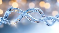 Clear water splash forming infinity symbol shape against blurred golden bokeh background, frozen motion liquid art photography in cool blue tones.