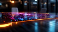 Glowing neon light trails with orange and blue streaks creating dynamic motion effect against dark background, abstract technology concept for digital transformation.