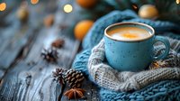 Cozy winter composition with blue ceramic cup of hot cappuccino wrapped in knitted scarf, pine cones and festive bokeh lights on rustic wooden background, perfect for seasonal marketing.