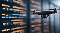 Modern drone flying against blurred digital display background with glowing orange and blue lights, capturing surveillance and technology concept.
