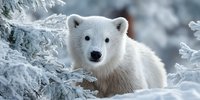 Adorable polar bear cub in snowy winter landscape with frost-covered branches. Wildlife photography capturing Arctic nature and cold climate habitat.