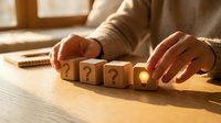 Business person arranging wooden blocks with question marks leading to glowing light bulb representing problem-solving and innovative thinking process.