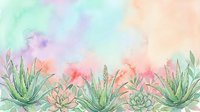 Soft watercolor background with succulents and aloe vera plants in pastel pink, green, and purple tones, perfect for cards and banners.