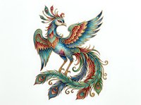 Colorful phoenix bird with ornate feathers and decorative tail, isolated on white background, suitable for t-shirt designs, clipart, and creative projects.