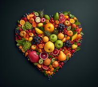 Fresh colorful fruits arranged in heart shape on dark background, including citrus, berries, apples, grapes and tropical fruits. Creative food composition.