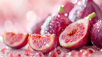 Fresh ripe figs cut in half showing juicy pink flesh and seeds with water drops and bokeh light effect on pink background, macro food photography.