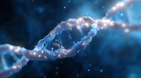 Glowing DNA strand helix structure with blue particles and light effects on dark background, genetic research and biotechnology concept for medical science.
