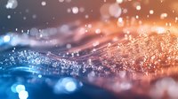 Abstract digital wave with glowing particles in blue and orange gradient, creating futuristic technology landscape for backgrounds in tech and innovation projects.