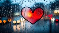 Red heart drawn on rainy window glass with water droplets, city lights bokeh in background, romantic mood on wet surface.