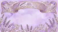Lavender flowers frame ornate golden banner on soft purple watercolor background, perfect for wedding invitations, greeting cards, and decorative design projects.