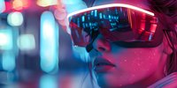 Young woman wearing futuristic augmented reality headset in neon-lit environment, perfect for technology, gaming, and virtual reality concepts in modern advertising and media projects.