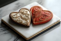 Two decorated heart shaped cookies with elegant swirl pattern royal icing in red and white colors on marble surface, romantic Valentine's day treat.