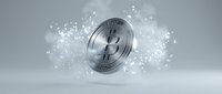 Silver cryptocurrency coin with digital particles and light effects on white background for financial technology and blockchain concepts.