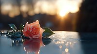 Single pink rose lying on reflective surface with water drops and golden sunset bokeh creating romantic atmosphere, soft focus macro photography.