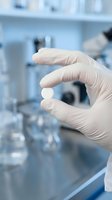Scientist in white latex gloves holding a white pill or capsule in laboratory setting with blurred equipment background, suitable for pharmaceutical, medical research, healthcare, and drug development concepts.