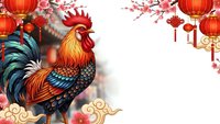 Colorful rooster with red lanterns and cherry blossoms for Chinese New Year celebration on white background isolated for design use.