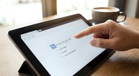 Person using tablet computer for online search with finger touching screen on wooden desk with coffee cup in background for digital technology concept.