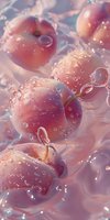 Fresh pink apples floating in water with bubbles and droplets creating dreamy, soft atmosphere. Macro photography with delicate light effects and reflections.